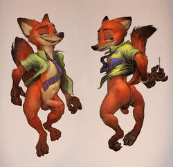 1boy anthro anus ass backsack balls bottomless canine clothed clothing disney erection fox fur handcuffs humanoid_penis male male_only mammal navel nick_wilde partially_retracted_foreskin penis presenting raised_tail solo tacklebox uncut zootopia