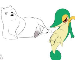 1boy anthro balls bear flaccid front_view half-erect humanoid_penis ice_bear long_foreskin looking_at_viewer lying male male_only mammal multiple_images naughty_face nintendo nude on_side opencanvas penis pokemon pokemon_(species) polar_bear reclining seyrmo signature sitting snivy solo uncut video_games we_bare_bears