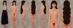 1girls 3d 7koma anatomy_reference ass barefoot blue_eyes breasts brown_hair brunette_female brunette_hair clair_obscur:_expedition_33 clea_(clair_obscur:_expedition_33) completely_nude completely_nude_female dressed_undressed female female_only french_female front_and_back full_body hairy_pussy highres lineup long_hair neutral_expression nipples nude_model nude_modeling on/off pubic_hair pussy realistic_proportions small_breasts solo_female studio turnaround