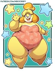 3_toes 4_fingers accessory animal_crossing anthro anthro_female barefoot bbw bell_accessory belly belly_overhang big_belly blush blush_stickers bracelet breasts brown_eyes brown_nose buckteeth canid canine canis clothed clothing domestic_dog eyelashes fat fat_female feet female female_only fingers fur furry gesture hair hair_bun hair_ornament huge_thighs isabelle_(animal_crossing) jewelry leotard looking_at_viewer mammal medium_breasts multicolored_body multicolored_fur navel navel_outline nekocrispy nintendo one-piece_swimsuit open_mouth overweight overweight_anthro overweight_female pattern_clothing pear-shaped_figure pearl_bracelet pupils round_belly shih_tzu smile smiling_at_viewer solo swimwear teeth thick_thighs toes toy_dog waving waving_at_viewer white_body white_fur white_pupils wide_hips yellow_body yellow_fur