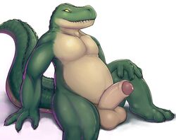 1boy alligator anthro balls barefoot big_balls erection hand_on_knee humanoid_penis jetshark looking_away male male_only nude partially_retracted_foreskin penis precum reclining reptile scalie slightly_chubby solo thick_penis uncut