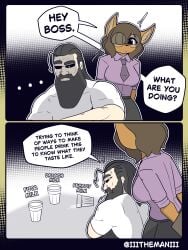 2026 3:4 absurd_res anthro beard bodily_fluids breasts brown_body brown_eyes brown_fur brown_hair clothed clothing deer dialogue duo english_text eyewear facial_hair female fur glasses grey_hair hair hi_res human jane_(the_man) male mammal milk open_mouth speech_bubble text the_man the_man_(character) thinking