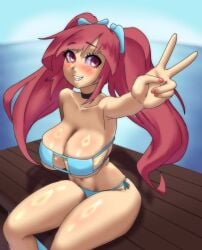 1girls 1human aged_up aged_up_character ass_squish background beach beach_background belly_button big_ass big_breasts big_butt bikini biped black_choker blue_bikini blue_clothing blue_sky blush blushing blushing_at_viewer blushing_female boob_squish butt choker cleavage closed_mouth day daytime digital_drawing_(artwork) digital_media_(artwork) dock eyelashes fanart fanart_from_twitter female female_focus female_only female_solo fossil_fighters front_view full_color grin grinning_at_viewer hair_ornament hand_sign hi_res human kayserend knee_up light-skinned_female light_skin long_hair looking_at_viewer mammal mammal_humanoid medium_breasts navel neckwear nintendo ocean ocean_background outdoors outside painted_nails peace_sign pink_eyes pink_hair pose posing posing_for_the_viewer red_eyes rosie_richmond_(fossil_fighters) shaded shaded_background shine shiny_skin sideboob sitting smile smiling_at_viewer soft_breasts solo solo_female squish swimsuit thick_thighs three-quarter_portrait three-quarter_view twintails two_piece_swimsuit video_game_character water white_sclera white_woman