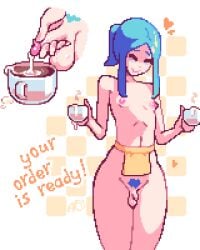 1boy 1femboy angrypeach0 ashley_(peach_dungeon) bags_under_eyes barista big_balls blue_hair cafe coffee coffee_cup crossdressing cum cum_in_coffee cumshot femboy gay hanging_balls hanging_penis happy jerking_off jerkingoff masturbating masturbation peach_dungeon pixel_art pubic_hair shemale sissy sleepy small_penis solo tiny_penis tired trap