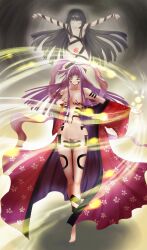 absurdres alternate_hair_color aura bar_censor bare_shoulders barefoot black_hair body_markings breasts censored corruption crucifixion dark_persona facial_mark floating getbackers grabbing_own_breast highres kabuto_(getbackers) long_hair looking_at_viewer official_alternate_costume possessed pubic_tattoo purple_hair tagme tattoo topless_female very_long_hair yakinegi_seijin_(nakid)
