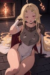 ahoge ai_generated arm_wrap bandaged_arm bandaged_hands bandaged_leg bandages bangs blonde_hair blush breasts collarbone dress female female_only hair_ornament hairclip hi_res high_quality high_resolution kiraamane lantern large_breasts long_hair looking_at_viewer open_mouth parted_bangs patreon pelvic_curtain red_eyes sarashi seductive sexy sitting solo stone_floor teoritta thighs uncensored very_long_hair watermark