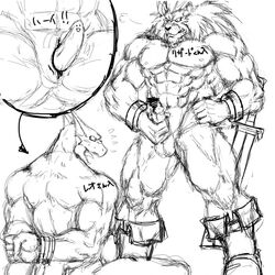 2boys abs akuann anthro biceps boots bound capcom censored clothing duo erection feline footwear furry gay japanese_text leo_(red_earth) lion male male_only mammal masturbation monochrome muscular nipples nude pecs penis red_earth reptile scalie simple_background sketch standing testicles text translation_request video_games white_background yaoi