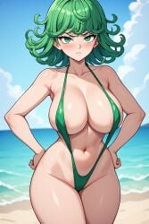 ai_generated alternate_breast_size beach beach_background big_breasts blush blushing_female breasts green_eyes green_hair hands_on_hips one-punch_man pouting secretly_horny secretly_needs_it secretly_wants_it shorter_female shortstack shortstack_female sling_bikini sling_swimsuit slingshot_bikini slingshot_swimsuit swimsuit tatsumaki tatsumaki_(one-punch_man) tsundere