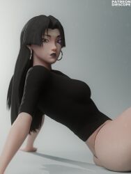 1girls 2026 3d ass big_breasts black_hair bun_hair covered_breasts diescope eyebrow_slit eyeshadow female female_only huge_ass leaning_back leaning_on_arm long_hair looking_at_viewer makeup marvel marvel_comics marvel_rivals megan_fox_photoshoot panties pantsless pantsless_female pose psylocke psylocke_(sai) psylocke_(sai)_(vengeance) reference shirt side_view simple_background sitting sitting_on_ground solo thong