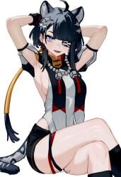1girls ahoge ai_assisted arknights:_endfield armpits arms_behind_head bead_necklace blue_eyes crossed_legs eyepatch hair_ornament kneehighs ljedamos sideboob single_earring sitting tangtang_(arknights:_endfield) thigh_strap tiger_ears tiger_tail watermark