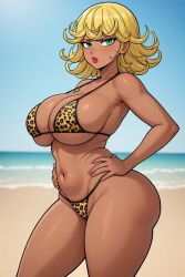 ai_generated alternate_breast_size alternate_hair_color alternate_skin_color beach beach_background blonde-haired_female blonde_female blonde_hair blonde_hair_female gyaru gyaru_gal gyarufication hands_on_hips leopard_print leopard_print_bikini leopard_print_bra leopard_print_panties lipstick one-punch_man pouting shorter_female shortstack shortstack_female tan tan-skinned_female tan_body tan_skin tanned tanned-skinned_female tanned_body tanned_female tanned_girl tanned_skin tatsumaki tatsumaki_(one-punch_man) tsundere