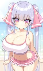 ai_generated eyes female female_only large_breasts long_hair looking_at_viewer oppai pink pink_trim purple_hair riko_(shuz) shortstack silver-purple_hair thebillai twintails very_long_hair voluptuous white_tank_top