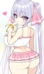 ai_generated ass banana eating eyes female female_only frills from_behind large_breasts long_hair looking_at_viewer microskirt oppai pink pink_trim purple_hair riko_(shuz) shortstack silver-purple_hair thebillai twintails very_long_hair voluptuous white_tank_top