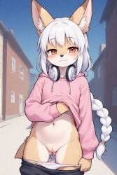 ai_generated anthro braided_hair brown_body brown_eyes canine female flashing furry headphones hoodie_lift jackal panties_down pants_down pussy white_hair young