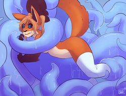 anthro breasts canine consensual_tentacles female fox mammal nude open_mouth simple_background smile solo sorimori teeth tentacle tongue