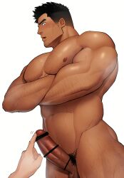 1boy 1other abs absurd_res balls bara beefy biceps big_areola big_glans big_penis black_hair blush breasts censor_bar censored censored_penis completely_nude crossed_arms daddy dark_penis dark_skin dilf duo dutch_angle erection foreskin foreskin_folds frenulum gay glans_stimulation hi_res huge_cock hunk kansuke_(kansuke_717) looking_at_viewer low-angle_view male male_only manly mature_male moobs muscles muscular muscular_arms muscular_male muscular_thighs navel nude offscreen_character original original_character pecs penis penis_bigger_than_head pointless_censoring pubic_hair quadriceps retracted_foreskin sanpaku short_hair six_pack small_pupils sweat sweatdrop sweating sweaty thick_penis touching_penis tough_guy uncircumcised uncut veiny_penis very_high_resolution white_background yaoi