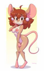 anthro areola blush breasts buckteeth dazzlekong digital_media_(artwork) ear_piercing feet female fingers fur genitals hair hi_res looking_at_viewer mammal mouse murid murine nipples nude piercing rodent simple_background smile solo standing tail teeth toes vulva