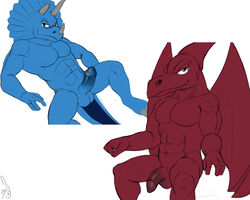 abs anthro balls biceps big_muscles blue_eyes blue_scales bullzeye claws dinosaur duo erection extreme_dinosaurs half-erect horn humanoid_penis long_foreskin looking_at_viewer male male_only multiple_images muscular naughty_face nude opencanvas pecs penis pteranodon reclining red_eyes red_scales reptile scales scalie seyrmo signature simple_background sitting smile spike_(extreme_dinosaurs) toe_claws triceratops uncut white_background wings