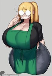 ai_generated apron ass barista big_ass big_breasts big_butt big_hips big_thighs blair_(lubbasdump) blonde_hair booty butt circular_glasses cleavage curvaceous curvaceous_body curvaceous_female curvaceous_figure curves curvy curvy_body curvy_female curvy_figure cute cute_face dumptruck_ass dumptruck_butt eyebrows_visible_through_hair eyeglasses gigantic_ass gigantic_breasts gigantic_hips hips huge_ass huge_breasts jeans large_ass large_breasts large_hips large_thighs lubbasdump massive_ass massive_breasts midriff nervous nervous_smile no_eyes original_character patreon piercings thighs tight_clothing wide_hips