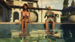 3d 3d_(artwork) absurdres blonde_hair_female blue_bikini brown_hair_female cleavage game_mod grand_theft_auto grand_theft_auto_online grand_theft_auto_v huge_breasts indifferent long_hair mature_females mature_woman poolside rockstar_editor short_hair sitting skirt summer swim_skirt tablet uncaring uncaring_female unnamed_characters vicenzovegas21