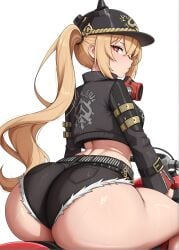 1girls ai_generated ass_focus big_ass blonde_hair helmet jacket looking_at_viewer luciana_de_montefio lucy_(zenless_zone_zero) mask midriff motorcycle mrnails ponytail short_shorts shorts shortstack sitting solo sweat thick_thighs white_background zenless_zone_zero