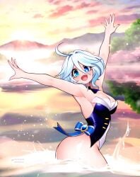 ahoge alluring armpit arms_up blue_eyes blue_swimsuit choker cleavage dancing fangs female furina_(genshin_impact) genshin_impact heterochromia hoyoverse jaxdrawz lake looking_at_viewer medium_breasts mihoyo mist mountainous_horizon nature one-piece_swimsuit outdoors partially_submerged smile solo splashing sunrise swimming synchronized_swimming thick_thighs thighs trees wet wet_skin white_hair