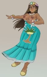1girls big_breasts blue_dress blush bojinko bojinkoo bracelet breasts brown_hair collarbone dancer dancer_(pokemon) dancer_(pokemon_sm) dancing dark-skinned_female dark_skin earrings exeggutor exposed_breasts female female_only hawaiian hula_dancer looking_at_viewer necklace no_bra npc_trainer pokemon pokemon_sm polynesian smile smiling smiling_at_viewer tagme topless topless_female