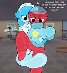2026 adorbinite artist_name blue_body blue_hair connie_(dandy's_world) dandy's_world dandys_world embarrassed female female/female ghost gigi_(dandy's_world) hands_on_thighs hat holding_leg imminent_sex partially_clothed presenting presenting_pussy pussy raised_leg red_body requested spirit sweat sweatdrop sweating tagme tail_on_leg vulva yuri