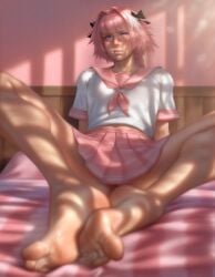 1boy adorable adorable_face androgynous androgynous_male anime anime_boy anime_character astolfo_(fate) barefoot bed bedroom black_bow braid bright_colors colorful colorful_background cute cute_face cute_male fate/apocrypha fate/grand_order fate_(series) feet feet_fetish feet_focus femboy femboy_focus femboysub feminine_male feminine_pose first_post flat_chest flat_chested gay gay_male girly_boy girly_clothing girly_hair high_quality high_resolution highres kinda_gay long_hair looking_at_viewer lovelyyjacee male male_only pink_background pink_hair pretty_feet purple_eyes shy shy_pose sissy sissy_bliss sitting_on_bed student_uniform twink white_hair_streak white_hair_stripe young youthful youthful_face youthful_features youthful_look