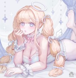 arm_support ass blonde_hair blue_eyes blue_leotard bow breasts choker cleavage collarbone curtains female fingernails frilled_choker frills hair_ornament hairclip halo hand_up large_breasts leg_up leotard long_hair lying mini_wings multiple_hair_ribbons no_shoes on_bed on_stomach pantyhose parted_lips pink_bow ribbon sidelocks soles solo sparkle the_pose twintails volvol voruvoru watermark white_choker white_halo white_pantyhose white_ribbon white_wings white_wrist_cuffs wings wrist_cuffs
