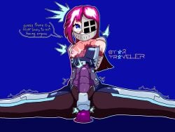 2d 2d_(artwork) 2d_artwork android android_girl armor armored armored_female arms_behind_back artist_name artist_signature blue_background blue_eyes bulge burn_scar clothed clothed_female covered_face cyborg cyborg_girl dialog dialogue dialogue_bubble digital_art digital_drawing_(artwork) digital_media_(artwork) dildo dildo_in_pussy dildo_in_vagina dildo_insertion eyelashes helmet high_resolution highres knight knight_helmet long_hair looking_up magenta_hair mechanical mostly_clothed nipple oc original_character purple_dildo purple_hair riding riding_dildo robot robot_girl robot_humanoid robotic scars scars_all_over scars_on_chest sex_through_clothes shaking shaking_legs shoulder_pads small_boobs small_breasts small_tits split spread_legs startraveler stomach_bulge stomach_deformation surprised synthetic talking talking_to_viewer tremble_spikes trembling trembling_legs trembling_lines vaginal_penetration