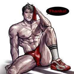 1boy autopsy_scar banana_hammock batman_(series) bulge celiotomy_scar jason_todd laparotomy_scar large_bulge large_pectorals looking_at_viewer male_focus male_only me0nji muscular_male nipples no_nude no_sex scars_all_over smile sneakers solo speedo_only spread_legs sternotomy_scar