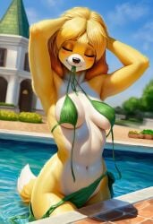 ai_generated animal_crossing bikini fixing_hair furry isabelle_(animal_crossing) mansion nintendo oil_painting outdoors pool teasing untied_bikini video_games wardrobe_malfunction wet wet_body
