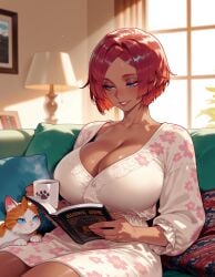 1girls ai_generated animal balecxi bed blue_eyes blush book breasts cleavage clothing coffee_mug collarbone couch cup curvaceous curvaceous_female curvaceous_figure curvy curvy_figure dark-skinned_female dark_skin drawing_(object) dress feline female female_focus female_only floral_print furniture giovanna_(guilty_gear) guilty_gear guilty_gear_strive holding holding_book holding_cup huge_breasts indoors inviting lamp large_breasts lips long_sleeves looking_down mug nightgown on_bed on_couch open_book parted_bangs parted_lips paw_print picture_frame pillow presenting presenting_breasts presenting_self print_dress reading red_hair seductive seductive_look seductive_smile short_hair sitting smile solo tan tanlines thick_thighs thighs voluptuous voluptuous_female white_dress window
