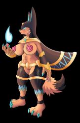 abs absurd_res anthro anubian_jackal anubis anubis_(pal) big_breasts breasts canid canine canis claws clitoris clitoris_piercing clothing deity egyptian_mythology female fire genital_piercing genitals gold_(metal) hi_res jackal mammal middle_eastern_mythology mythology nipples pal_(species) palworld piercing pocketpair portrait solo thick_thighs zardoseus