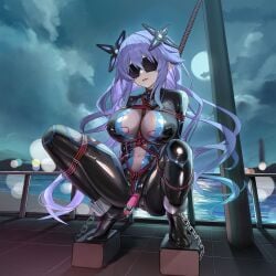 aqua_hair arms_behind_back ass_visible_through_thighs backlighting between_breasts black_bodysuit black_mask blindfold blue_sky blue_trim bodysuit bondage bound bound_ankles bound_arms bound_legs breasts censored chains chinese_commentary choujigen_game_neptune cloud commentary_request commission covered_eyes covered_navel covered_nipples cuffs cumulonimbus_cloud curly_hair double-parted_bangs dynamotor female frogtie from_below full_body gradient_hair hair_between_eyes hair_flaps hair_ornament highres hitachi_magic_wand impossible_bodysuit impossible_clothes knees_up large_breasts latex light_particles lighthouse long_hair low_twintails moon mosaic_censoring multicolored_hair navel neglect_play neptune_(series) next_purple night nipple_stimulation object_insertion on_ship open_mouth purple_hair purple_heart_(neptunia) pussy_juice railing second-party_source see-through_bodysuit see-through_clothes sex_toy shackles shiny_clothes ship sidelocks skin_tight sky smile solo spread_legs squatting tile_floor tiles toes tongue twintails two-tone_hair vaginal_object_insertion vaginal_penetration variant_set very_long_hair vibrator vibrator_on_nipple vibrator_under_clothes water watercraft