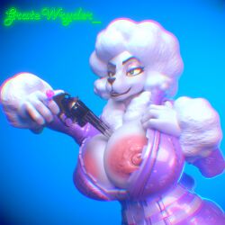 3d_(artwork) absurd_res anthro big_breasts blender_(artwork) breasts canid canine canis clothing clothing_aside digital_media_(artwork) domestic_dog female fortnite fortnite_gun fur gratewryder gun hammerspace handgun hi_res huge_breasts lady_poodlina mammal opening_jacket poodle ranged_weapon revolver smile solo weapon white_body white_fur