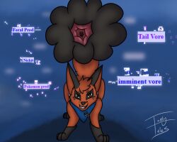 ambiguous_gender artist_name black_body black_fur blue_kerchief blue_neckerchief brown_eyes english_text feral feral_pred fur generation_8_pokemon head_tuft imminent_vore kerchief leg_markings literal_tailhole looking_at_viewer male_(lore) markings neckerchief neckwear nickit nintendo orange_body orange_fur pokemon pokemon_(species) prey_pov raised_tail smile socks_(marking) solo tail tail_fetish tail_play tail_vore tastytales teeth text tuft vore z_(tastytales)