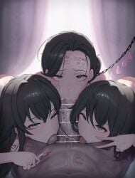 3girls balls_sucking bite_mark blue_eyes body_writing chain_leash chains collaborative_fellatio fellatio harem lipstick_mark lipstick_on_balls lipstick_on_penis male mother_and_daughter my_teen_romantic_comedy_snafu oyakodon pregnancy_test ruiz sisters sucking_balls yukinoshita_haruno yukinoshita_yukino yukinoshita_yukino's_mother
