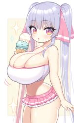 ai_generated eating eyes female female_only ice_cream large_breasts long_hair looking_at_viewer oppai pink pink_trim purple_hair riko_(shuz) shortstack silver-purple_hair thebillai twintails very_long_hair voluptuous white_tank_top