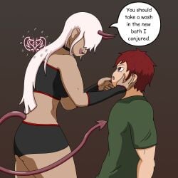 1boy 1girls assertive assertive_female dark-skinned_female dark_skin demon demon_girl demon_horns demon_tail dominant dominant_female femdom horns monster_girl original_character original_characters projectsubby red_hair seducing seduction seductive submissive_male succubus succubus_horns succubus_tail tail white_hair