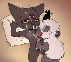 3_eyes anthro anthro_on_anthro biped bite biting_lip blush bodily_fluids bovid caprine chest_lick clenched_teeth cult_of_the_lamb cum cum_on_chest cum_on_face cum_on_own_chest cum_on_own_face cum_on_self cumshot domestic_cat dominant dominant_male duo ejaculation face_on_chest felid feline felis frown fur genital_fluids gradient_background grey_body grey_fur half-closed_eyes hi_res holding_head lamb_(cult_of_the_lamb) licking_cum lying lying_on_ground male mammal massive_monster_(studio) motion_lines multi_eye narinder narrowed_eyes obscured_face on_back on_ground pillow pillow_grab pwslz red_crown_(cult_of_the_lamb) red_eyes shaking sheep simple_background sweat teeth tremble_lines trembling white_body white_fur wool_(fur) wool_hair