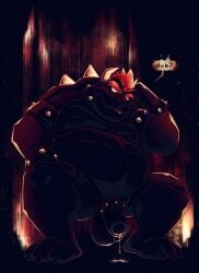1boy accessory anthro balls belly big_belly big_moobs bodily_fluids bowser bracelet chocolateandmilk cock_ring collar eyebrows fat fat_belly fat_male flaccid foreskin front_view furry furry_male furry_only genital_fluids genitals hair hand_on_leg hi_res horns huge_belly humanoid_genitalia humanoid_penis jewelry koopa looking_at_viewer male male_anthro male_only mario_(series) moobs narrowed_eyes nintendo nipples nude obese obese_anthro obese_male overweight overweight_anthro overweight_male penis penis_accessory penis_jewelry precum precum_string red_eyebrows red_hair red_tongue reptile restricted_palette scalie shell short_hair sitting solo solo_focus solo_male speech_bubble spiked_bracelet spiked_cock_ring spiked_collar spiked_shell spikes spikes_(anatomy) tongue white_horns