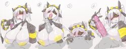 1boy 1girls asazaz12_nsfw_(artist) big_breasts blowjob breastjob breasts condom condom_in_mouth condom_on_penis grey_body grey_hair j_(murder_drones) male/female murder_drones oh_wow_:o oral oral_penetration penis_in_mouth she_doing_tricks_now?? straight straight_sex sucking_penis white_background yellow_breasts yellow_eyes