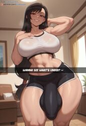 1futa 1girls 2026 ai_generated arm_up big_penis black_hair bluebewwy breasts breath bulge casual crop_top dickgirl earrings english_text erection_under_clothes final_fantasy futa_only futanari grin half-closed_eyes hand_behind_head hand_on_breast hi_res indoors intersex large_breasts large_bulge long_hair looking_at_viewer navel penis ponytail red_eyes shorts smile snapchat solo stable_diffusion standing sweat teasing text thick_thighs tifa_lockhart toned wide_hips
