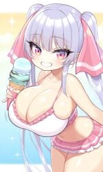 ai_generated eating eyes female female_only grin ice_cream large_breasts long_hair looking_at_viewer oppai pink pink_trim purple_hair riko_(shuz) shortstack silver-purple_hair thebillai twintails very_long_hair voluptuous white_tank_top