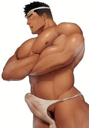 1boy abs absurd_res balls balls_under_clothes bara beefy biceps big_areola big_bulge black_hair blush breasts bulge bulge_through_clothing crossed_arms daddy dark_skin dilf dutch_angle erection erection_under_clothes fundoshi fundoshi_only gay genital_outline hachimaki headband hi_res hunk kansuke_(kansuke_717) looking_at_viewer low-angle_view male male_only manly mature_male moobs muscles muscular muscular_arms muscular_male muscular_thighs navel original original_character pecs penis quadriceps rokushaku_fundoshi sanpaku short_hair six_pack small_pupils sweat sweatdrop sweating sweaty tough_guy translucent_clothing very_high_resolution white_background white_fundoshi yaoi