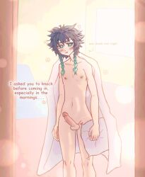 blush boy dick doorway embarrassed erect_penis erection femboy genshin_impact hard_penis light-skinned_male male male_focus male_nipples male_only morning morning_erection penis pillow pillow_grab sleepy venti venti_(genshin_impact)