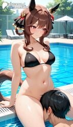 1boy 1girls 2026 ai_assisted ai_generated anime artist_name bikini black_bikini black_hair explicit gentildonna_(umamusume) hair_flower hair_ornament hi_res high_quality high_resolution highres long_hair navel patreon patreon_username pool poolside sitting skypassion stable_diffusion swimsuit umamusume umamusume_pretty_derby water watermark