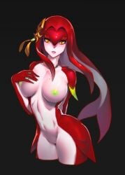 1girls anthro arm_fins black_background blush blushing breasts breath_of_the_wild collarbone colored_nipples colored_skin completely_naked completely_naked_female completely_nude completely_nude_female cropped_legs female fins fish fish_girl fish_humanoid fish_tail floating_hair hair_headwear hair_ornament head_ornament headgear headwear hi_res high_quality high_resolution highres jewelry large_breasts looking_at_viewer marine marine_humanoid mipha mole mole_on_breast monster_girl naked nave nipples nude parted_lips pink_lips princess princess_mipha red_body red_skin simple_background solo tail the_legend_of_zelda the_legend_of_zelda:_breath_of_the_wild unapril webbed_hands yellow_eyes zora